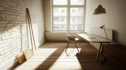 Sunlit minimalist workspace with vintage chair and modern desk.