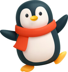 3D cartoon penguin in red scarf