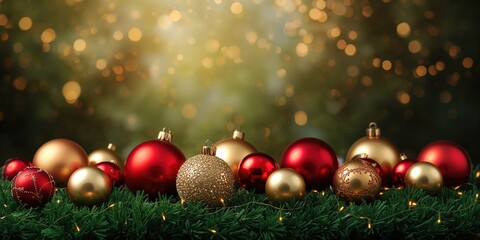 Retro Christmas balls arranged on a green background used as a festive background for holiday layouts