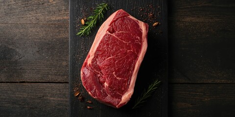 Raw beef meat sliced on a dark wooden board used for food preparation, emphasizing meat quality and safety practices
