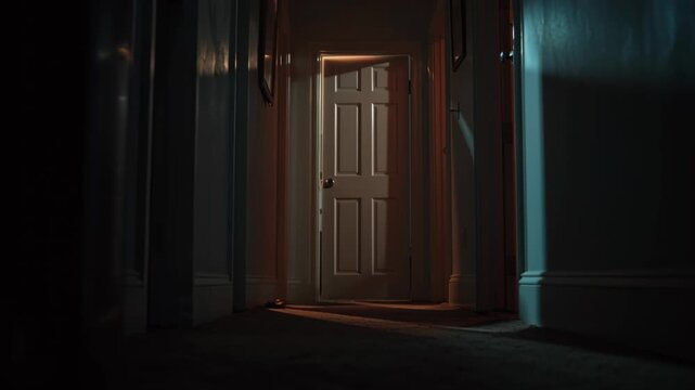 Eerie hallway scene with open door beckoning exploration and mystery, cinematic suspense