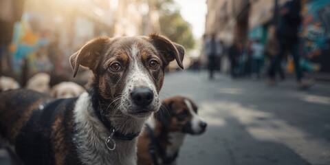 Mixed breed street dogs resting outdoors, emphasizing urban animal care, World Animal Day