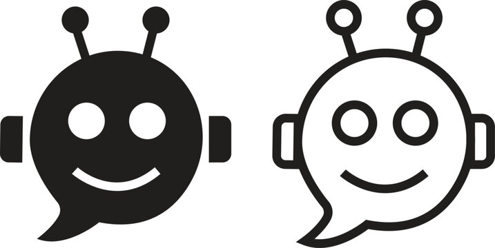Chatbot flat and outline icon set featuring friendly robot head symbol with message bubble design. Vectors bot illustration for AI communication, customer support, automation concept and technology.