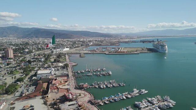 Ensenada Metropolitann Mexico Drone Footage with Huge Flag and Cruise Ship and Yachts Sailboat