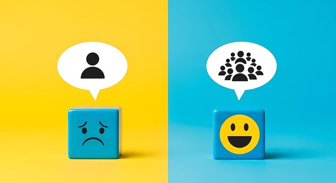 Comparison of individual negative feedback versus positive group satisfaction shown with emoji blocks on split background