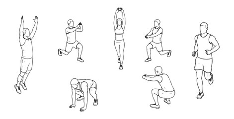 Top view CAD drawing of gym people  jumping, doing lunges, stretching arms up, squatting, plank pose, jogging in place. Vector illustration