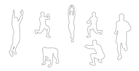 Top view CAD drawing of outline gym people  jumping, doing lunges, stretching arms up, squatting, plank pose, jogging in place. Vector illustration