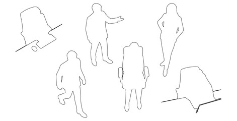 Top view CAD drawing of office people outline typing hand position, standing and gesturing, leaning sideways, walking, seated upright, leaning forward slightly. Vector illustration