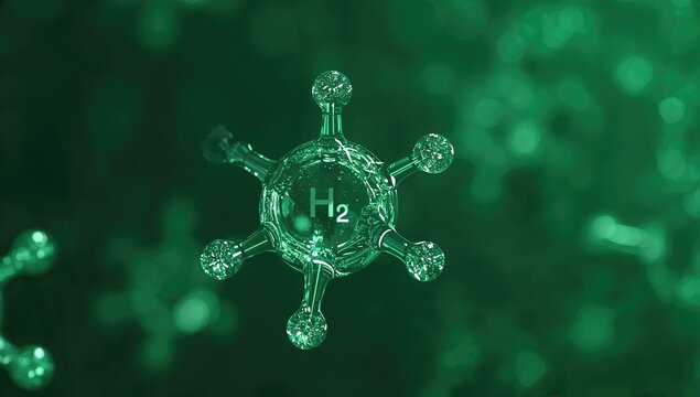 Green Hydrogen H2 gas molecule, sustainable clean energy source generated from renewable electricity
