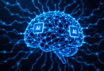 Glowing blue digital brain network with artificial intelligence elements illustrating neural