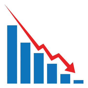 Bar chart showing a downward trend with a red arrow indicating decline