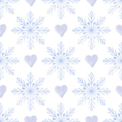 Pattern of watercolor snowflakes drawn by hand. For the design of clothes, fabrics, textiles, covers, scrapbooking, greeting cards, wrapping paper, poster