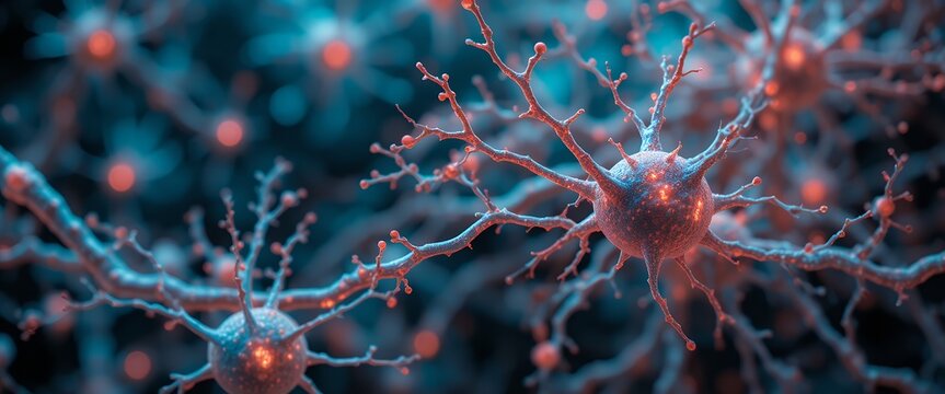 Detailed scientific visualization of interconnected neurons transmitting signals within the brain