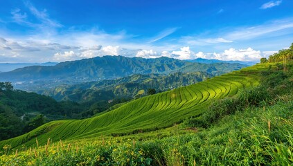 Obraz premium Scenic mountain landscape with agricultural fields in the foreground, suited for nature preservation awareness
