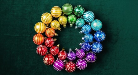 A vibrant circular arrangement of colorful christmas ornaments forming a rainbow gradient on a dark green background, symbolizing festive cheer and holiday celebration