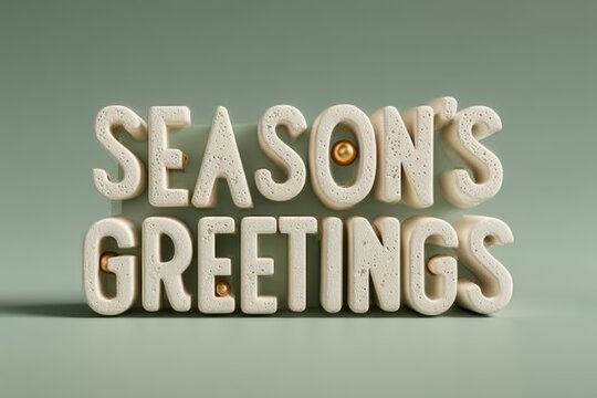 SEASON'S GREETINGS 3D typography in white sans-serif with gold accents on pine green backdrop for corporate holiday mockup e-commerce greeting card and festive branding asset

