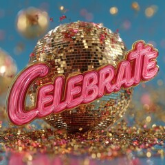 CELEBRATE 3D text in neon pink retro script with gold confetti for high-energy party mockup e-commerce event banner and festive graphic design asset

