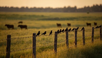 Obraz premium Birds perched on barbed wire fence in grassland during summer evening, emphasizing wildlife behavior, summer, wildlife observation