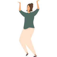 A Young Woman With Short Brown Hair And Tan Pants And A Dark Teal Long Sleeve Shirt Dances With Arms Raised In Celebration Against A White Background