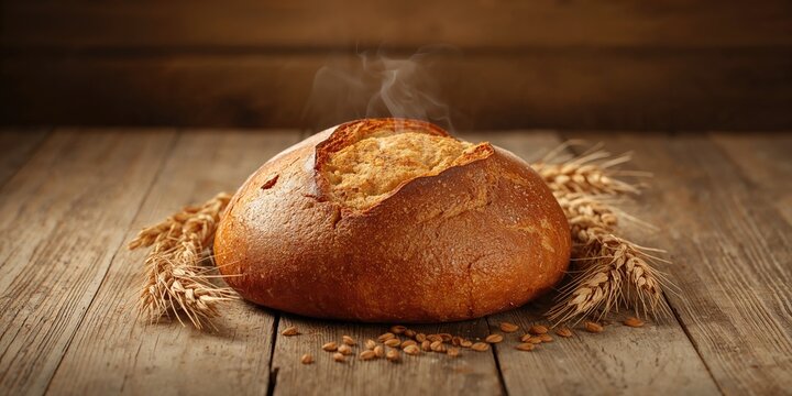 Freshly baked bread on a wooden surface, emphasizing artisanal preparation and crust texture, for bakery branding