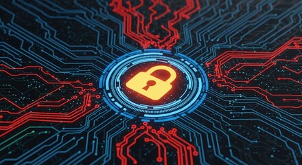 Glowing padlock icon on a futuristic circuit board, symbolizing cybersecurity, data protection, and digital privacy in a connected world