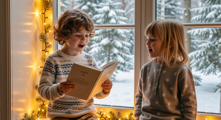 Two children reading a book by a window during a snowy winter day. A boy and girl sharing a story in a cozy home with Christmas decorations