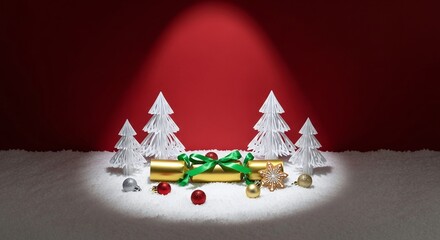 A festive christmas cracker with a green ribbon, surrounded by miniature white trees and sparkling ornaments, set on a snowy surface against a vibrant red background under a spotlight