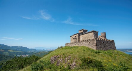 Naklejka premium Stone castle on Jeju Island serving as a historic fortress, emphasizing preservation efforts, Earth Day