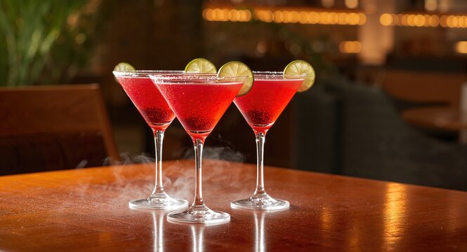 Cosmopolitan cocktails with lime slices on a table, emphasizing refreshment and social gathering