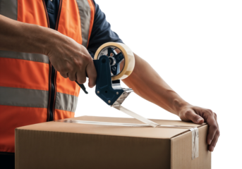 Worker uses tape gun to seal cardboard box at a shipping station during daylight hours