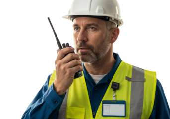 Construction worker communicates with a radio while wearing safety gear and hard hat indoors
