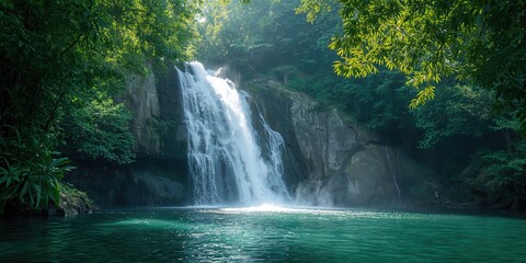 Waterfall cascading over lush green landscape, emphasizing natural erosion risk, Earth Day