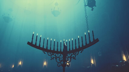 A striking underwater scene captures an ornate chandelier surrounded by soft blue light. Shadows dance as ethereal beams illuminate the mysterious depths, evoking intrigue and wonder.