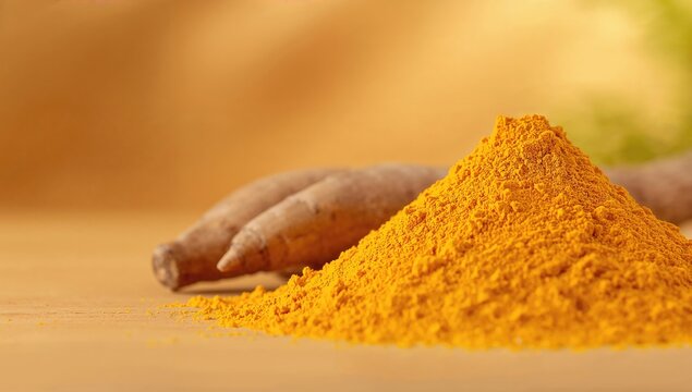 Turmeric powder used as a vibrant spice in cooking, background for culinary layout, Earth Day