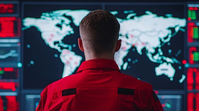 Global export logistics control room with large world map and rising trade analytics graph overlay. - Powered by Adobe