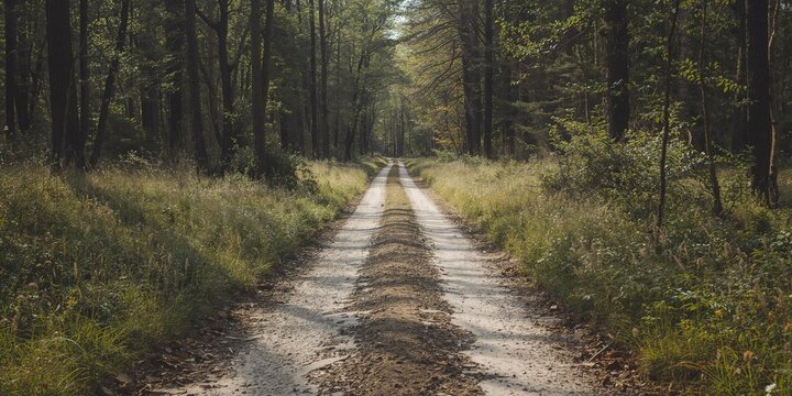 Empty gravel road with muddy tire tracks in a summer countryside setting, emphasizing rural travel safety and maintenance, Earth Day