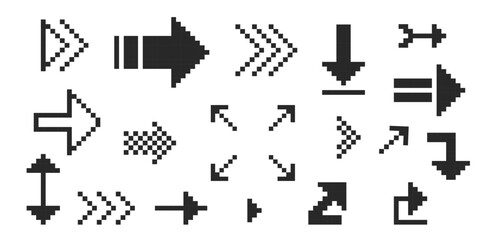 Pixel arrow set. Pixel art different directions 8 bit gaming console style sign. Interface icon. Collection