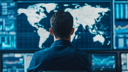 Global export logistics control room with large world map and rising trade analytics graph overlay.