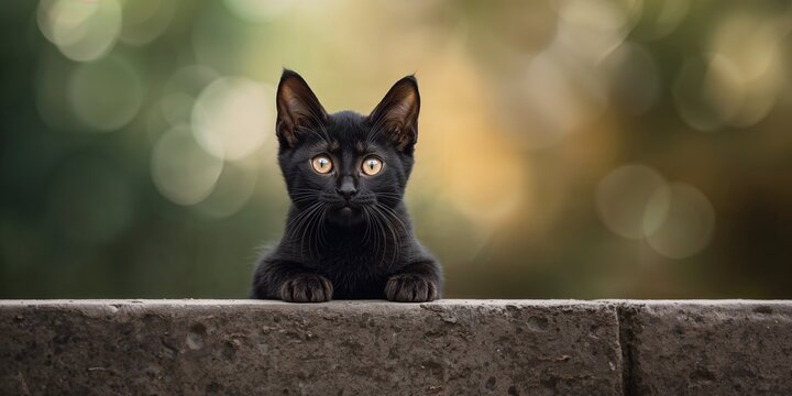 Black fur cat with striking yellow eyes resting on a wall, emphasizing feline relaxation and natural posture