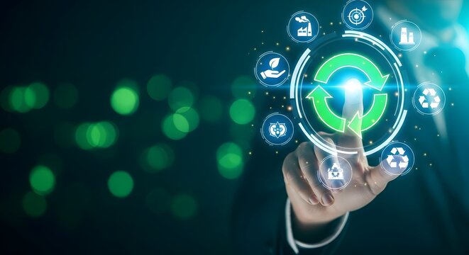 Business person touching virtual screen with recycling symbol and environmental icons, concept of sustainable development.
