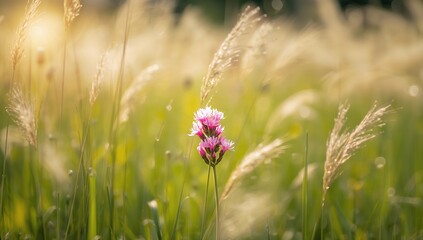 Pink ragged robin flowers in a field with wild grass, emphasizing seasonal bloom and natural habitat, Earth Day