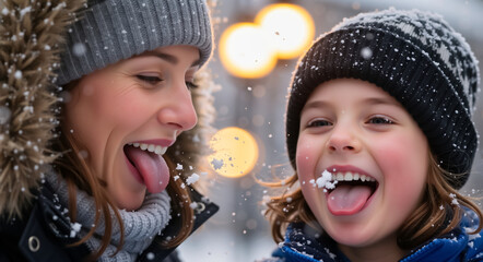Happy mother and son catching snowflakes on their tongues. Joyful family having fun outdoors in the snow. Winter christmas holiday activity