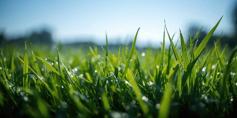 Fototapeta premium Close-up of green grass texture from a field used as a background for text and layout, Earth Day