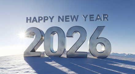 Happy new year 2026 with silver numbers on snowy landscape background
