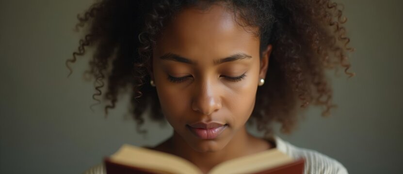 A focused young Black woman reading a book. Close-up portrait of a female student studying. Education and knowledge concept