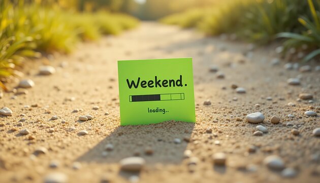 conceptual image of weekend anticipation with progress bar on green note outdoors on dirt pathway