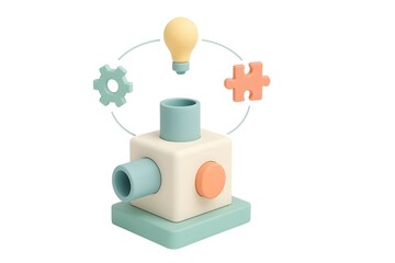 A pastel colored toy with a lightbulb gear and puzzle piece floating around it on a white background