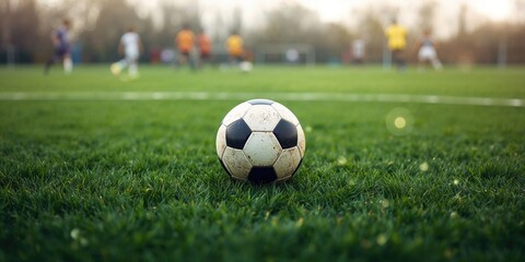 Soccer ball resting on a lush green sports field, used for team practice sessions