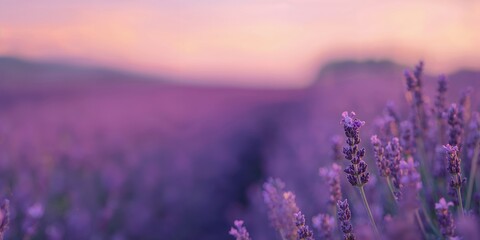 Obraz premium Close-up of lavender flowers in a pastel-colored field at sunset, ideal for nature background design