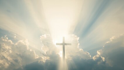 Sunlight filters through the Cross, serving as a background for religious text layout, emphasizing spiritual reflection